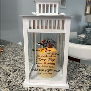 White Memorial Lantern with flickering LED candle